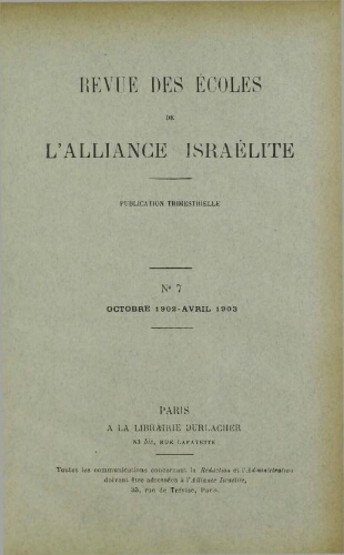 Revue des Ecoles de l’Alliance Israelite   N°07 (01 oct. 1902)